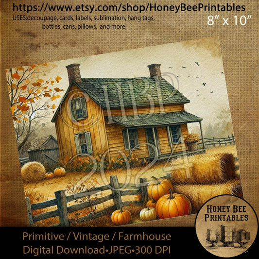 Digital Download, Digital Art, Printable, Decoupage, Primitive, Craft Supplies, Fall, Autumn, Farmhouse, Farm House, Yellow Saltbox, #L1