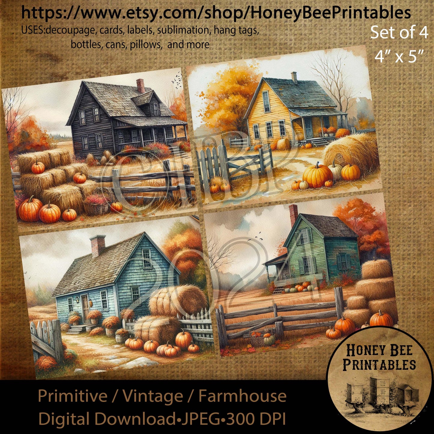 Digital Download, Digital Art, Printable, Decoupage, Vintage, Primitive, Fall, Autumn, Set / 4, 4x5, Farmhouse, Farm House, Saltbox House #3
