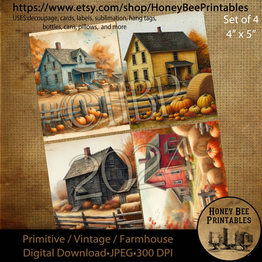 Digital Download, Digital Art, Printable, Decoupage, Vintage, Primitive, Fall, Autumn, Set / 4, 4x5, Farmhouse, Farm House, Saltbox House #2