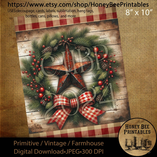Digital Download, Printable, Decoupage, Vintage, Primitive, Farmhouse, Craft Supplies, Country Christmas Wreath, Rusty Star, Ribbon, #1