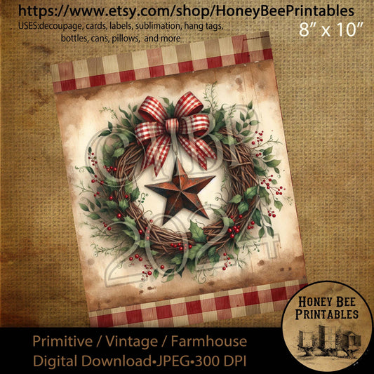 Digital Download, Printable, Decoupage, Vintage, Primitive, Farmhouse, Craft Supplies, Country Christmas Wreath, Rusty Star, Ribbon, #2