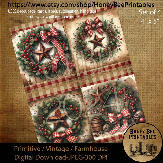 Digital Download, Digital Art, Printable, Decoupage, Primitive, Craft Supplies, Set of 4, 4x5, Country Christmas Wreath, Rusty Stars, Ribbon