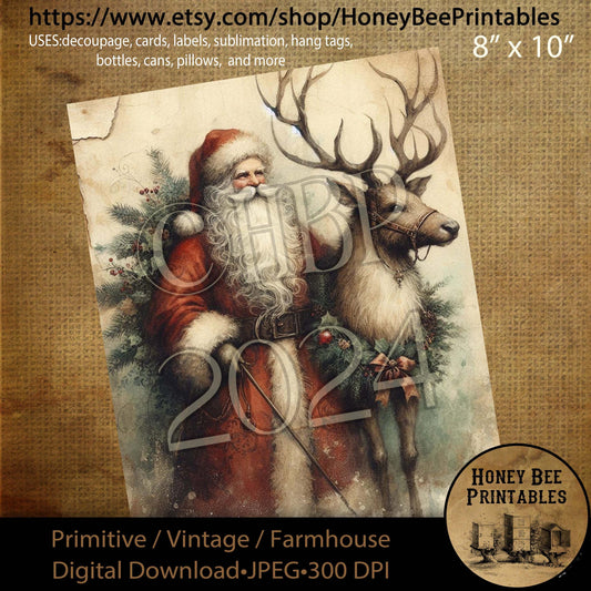 Digital Download, Printable, Decoupage, Vintage, Primitive, Farmhouse, Craft Supplies, Santa Claus, Santa & Reindeer, Reindeer, Christmas, 2