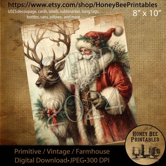 Digital Download, Printable, Decoupage, Vintage, Primitive, Farmhouse, Craft Supplies, Santa Claus, Santa & Reindeer, Reindeer, Christmas, 3