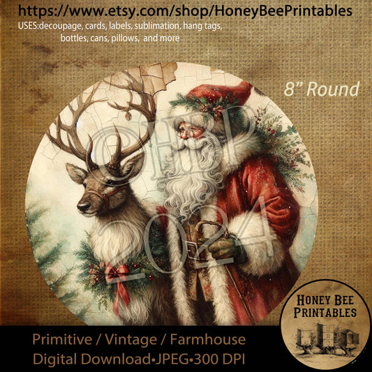 Digital Download, Printable, Decoupage, Primitive, Farmhouse, Craft Supplies, Santa Claus, Santa & Reindeer, Christmas, Round 8 in, #3