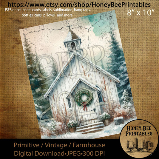 Digital Download, Printable, Decoupage, Primitive, Farmhouse, Craft Supplies, Vintage, Rustic Christmas Church, Winter Church, Chapel, #1