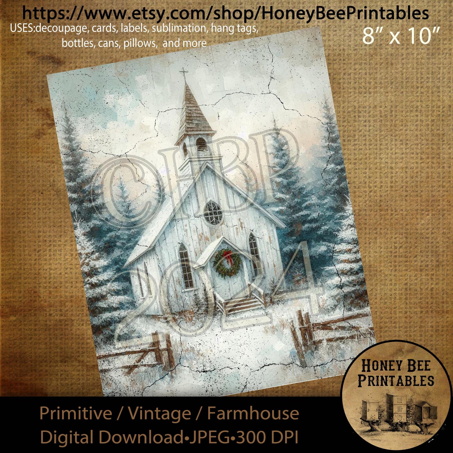 Digital Download, Printable, Decoupage, Primitive, Farmhouse, Craft Supplies, Vintage, Rustic Christmas Church, Winter Church, Chapel, #2