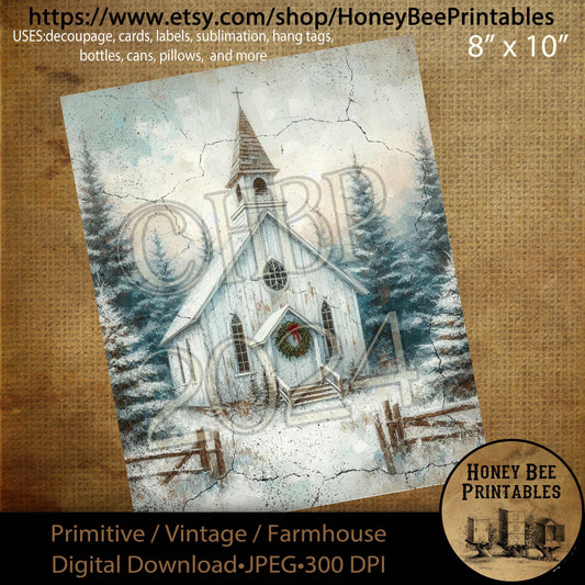 Digital Download, Printable, Decoupage, Primitive, Farmhouse, Craft Supplies, Vintage, Rustic Christmas Church, Winter Church, Chapel, #2