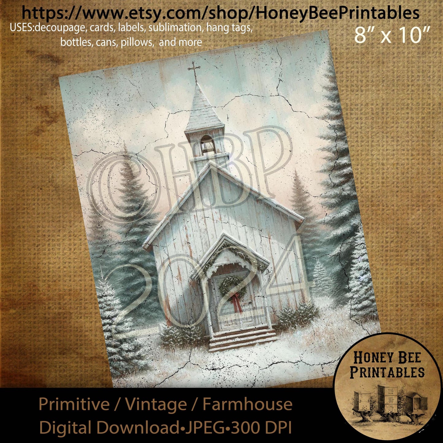 Digital Download, Printable, Decoupage, Primitive, Farmhouse, Craft Supplies, Vintage, Rustic Christmas Church, Winter Church, Chapel, #3