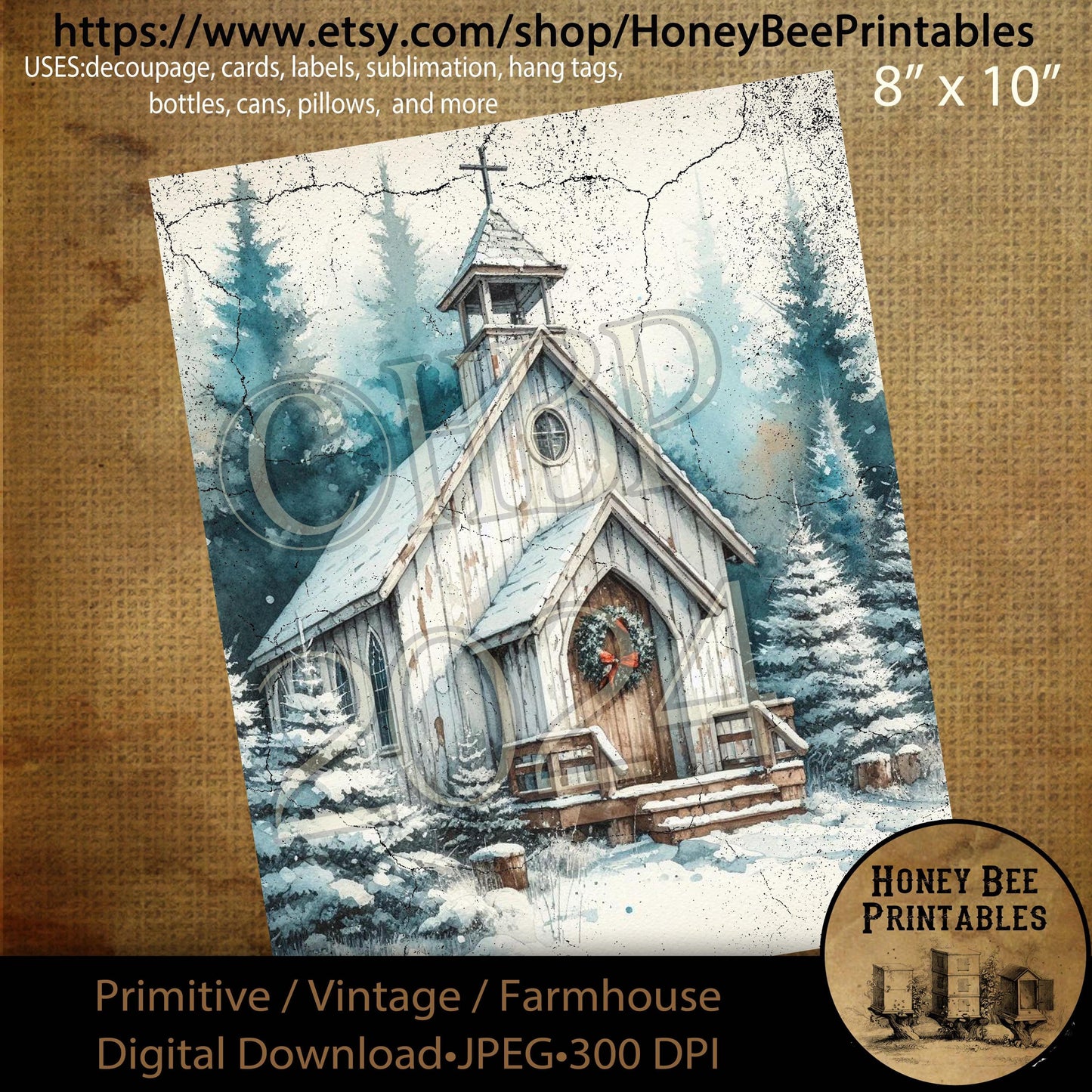 Digital Download, Printable, Decoupage, Primitive, Farmhouse, Craft Supplies, Vintage, Rustic Christmas Church, Winter Church, Chapel, #4