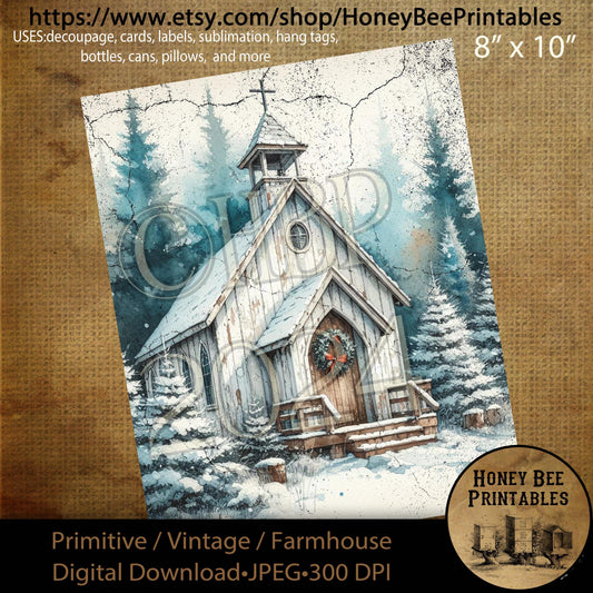 Digital Download, Printable, Decoupage, Primitive, Farmhouse, Craft Supplies, Vintage, Rustic Christmas Church, Winter Church, Chapel, #4