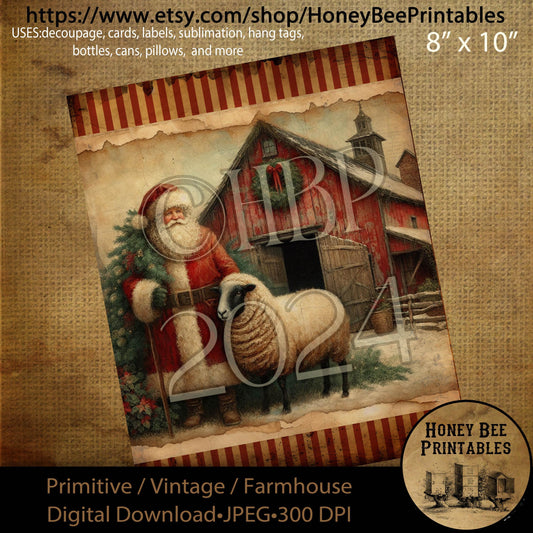 Digital Download, Printable, Decoupage, Primitive, Farmhouse, Craft Supplies, Vintage Santa, Old World Santa, Christmas, Sheep, Barn, #1