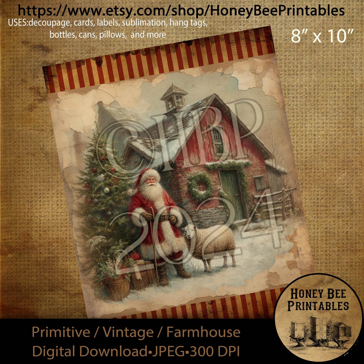 Digital Download, Printable, Decoupage, Primitive, Farmhouse, Craft Supplies, Vintage Santa, Old World Santa, Christmas, Sheep, Barn, #2