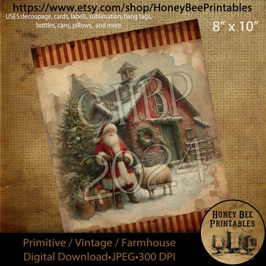 Digital Download, Printable, Decoupage, Primitive, Farmhouse, Craft Supplies, Vintage Santa, Old World Santa, Christmas, Sheep, Barn, #2