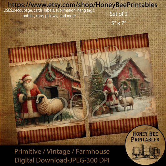 Digital Download, Digital Art, Printable, Decoupage, Primitive, Craft Supplies, Set / 2, 5x7, Christmas, Santa Claus, Barn, Sheep, Winter
