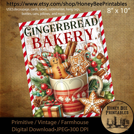 Digital Download, Printable, Decoupage, Vintage, Primitive, Farmhouse, Craft Supplies, Gingerbread Bakery, Christmas, Gingerbread Cookies