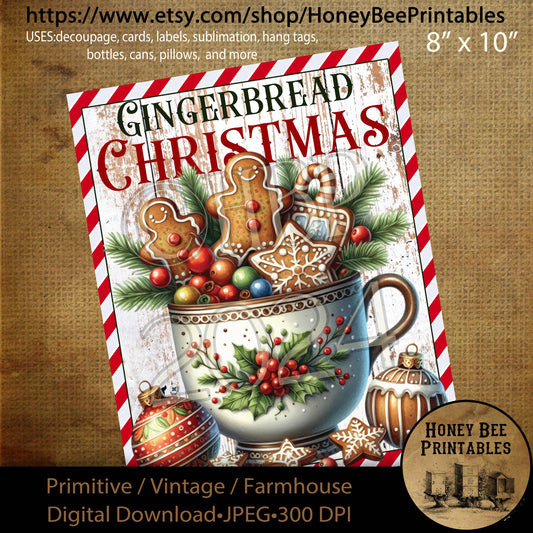 Digital Download, Printable, Decoupage, Vintage, Primitive, Farmhouse, Craft Supplies, Gingerbread Bakery, Cookies, Gingerbread Christmas
