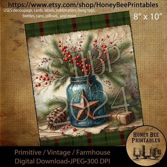 Digital Download, Printable, Decoupage, Primitive, Farmhouse, Craft Supplies, Vintage, Christmas, Old Blue Jar, Rusty Star, Pip Berries