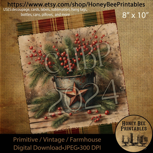 Digital Download, Printable, Decoupage, Primitive, Farmhouse, Craft Supplies, Vintage, Christmas, Bucket, Rusty Star, Pip Berries, Green, #1