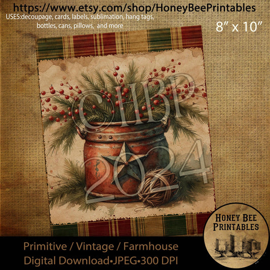 Digital Download, Printable, Decoupage, Primitive, Craft Supplies, Vintage, Christmas, Copper Bucket, Crock, Rusty Star, Pip Berries