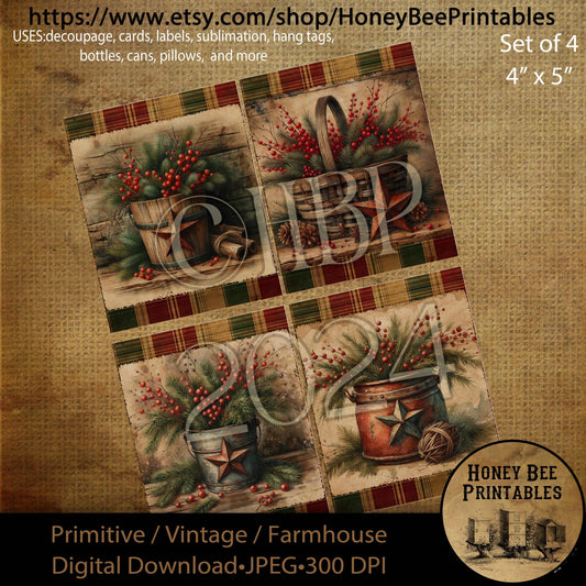 Digital Download, Digital Art, Printable, Decoupage, Primitive, Craft Supplies, Set / 4, 4x5, Christmas, Basket, Bucket, Rusty Star, Berries