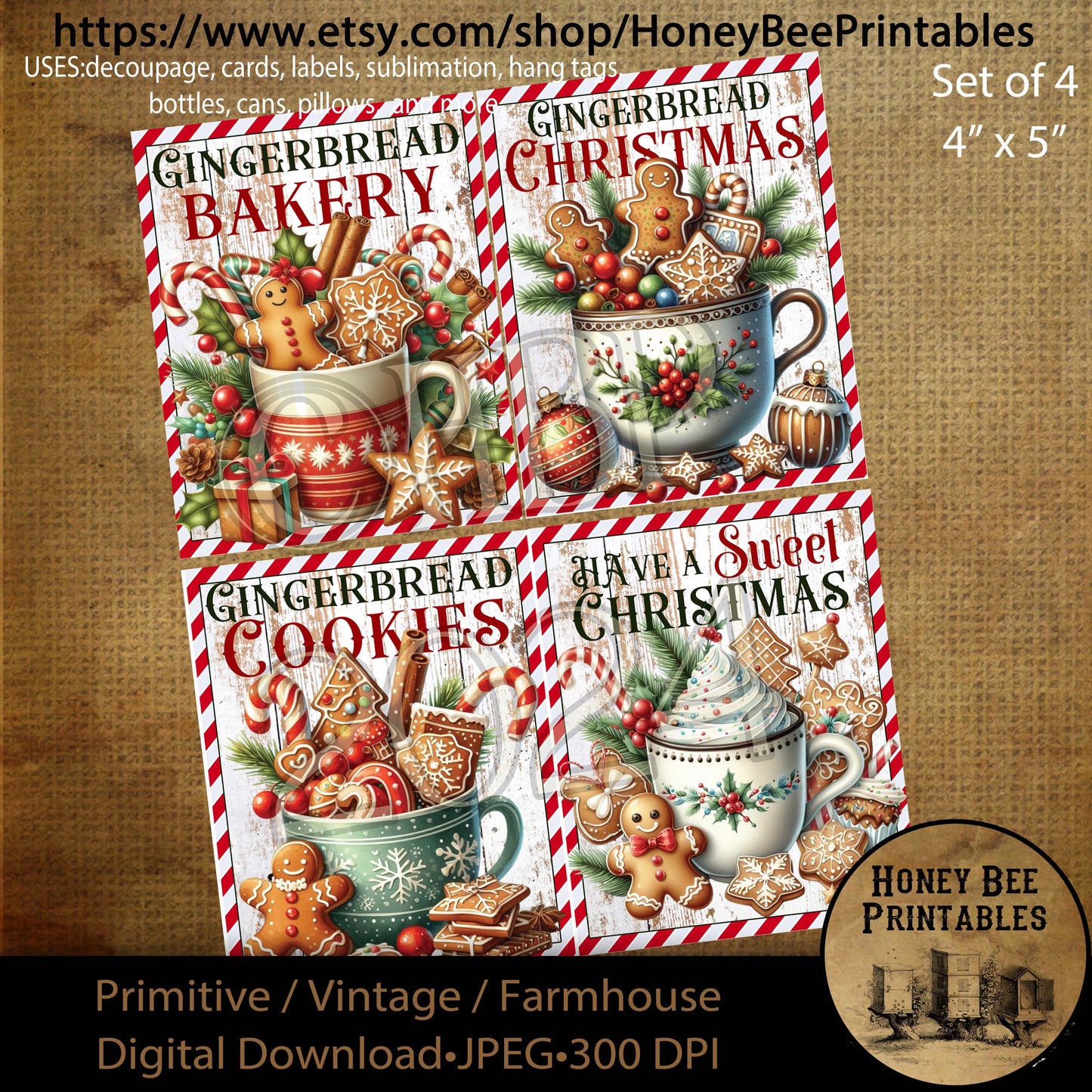 Digital Download, Digital Art, Printable, Decoupage, Primitive, Farmhouse, Craft Supplies, Set of 4, 4x5, Gingerbread, Christmas, Cookies