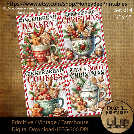 Digital Download, Digital Art, Printable, Decoupage, Primitive, Farmhouse, Craft Supplies, Set of 4, 4x5, Gingerbread, Christmas, Cookies