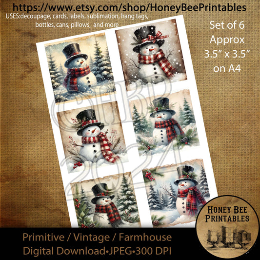 Digital Download, Digital Art, Printable, Decoupage, Primitive, Farmhouse, Craft Supplies, Set /6, 3.5 in sq, A4, Snowmen, Winter, Christmas