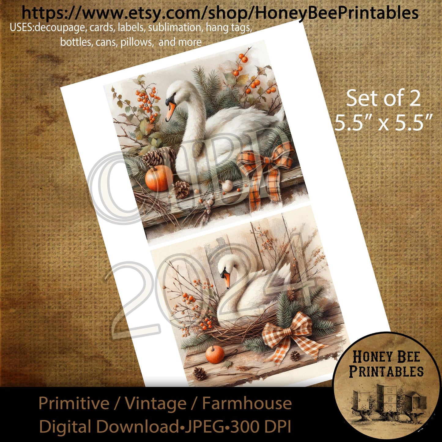 Digital Download, Digital Art, Printable, Decoupage, Primitive, Farmhouse, Craft Supplies, Set / 2, 5.5 in, A4, Fall, Autumn Swan, Berries