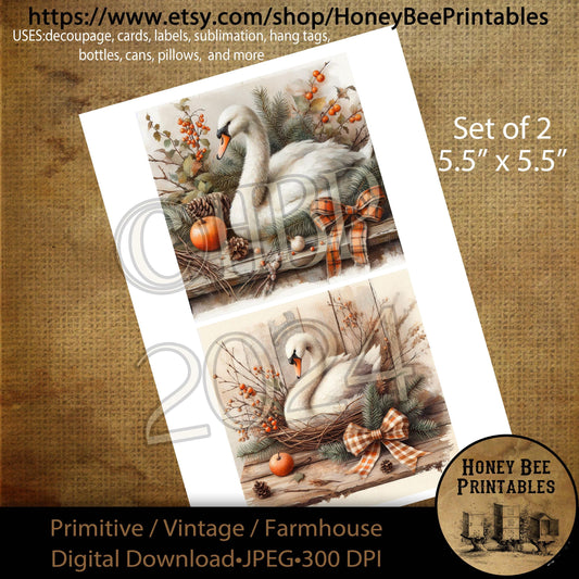Digital Download, Digital Art, Printable, Decoupage, Primitive, Farmhouse, Craft Supplies, Set / 2, 5.5 in, A4, Fall, Autumn Swan, Berries