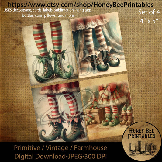 Digital Download, Digital Art, Printable, Decoupage, Primitive, Farmhouse, Craft Supplies, Set / 4, 4x5, Christmas, Elf, Elves, Shoes, Boots
