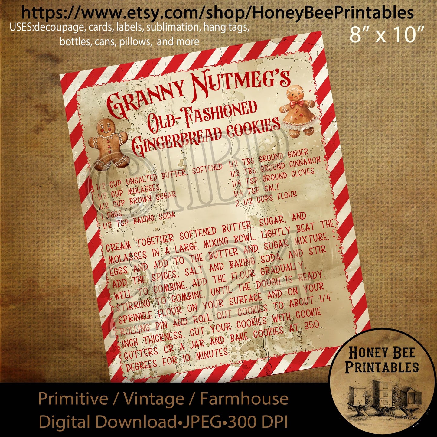 Digital Download, Printable, Decoupage, Primitive, Farmhouse, Craft Supplies, Christmas, Gingerbread Cookies Recipe, Gingerbread Man, Ginger