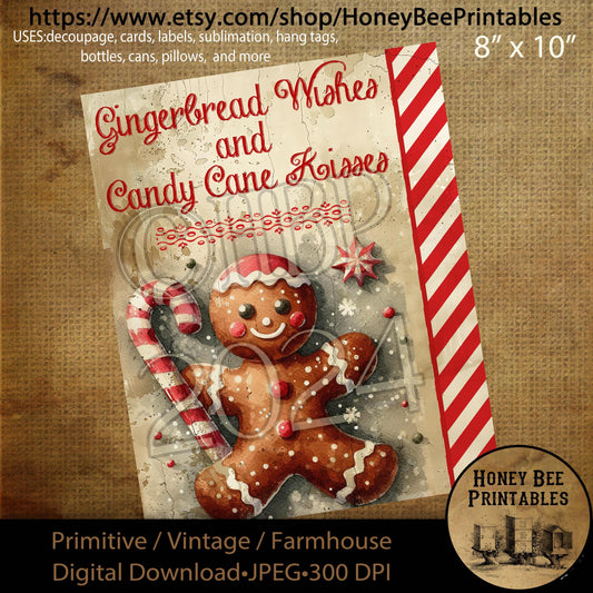 Digital Download, Printable, Decoupage, Primitive, Farmhouse, Craft Supplies, Gingerbread Wishes, Gingerbread Man, Candy Cane Kisses, Cookie