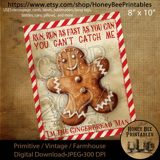 Digital Download, Printable, Decoupage, Primitive, Farmhouse, Craft Supplies, Gingerbread Man, Run, Run As Fast As You Can, Gingerbread