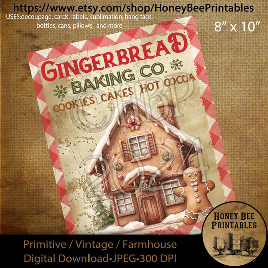 Digital Download, Printable, Decoupage, Primitive, Farmhouse, Craft Supplies, Gingerbread Man, Gingerbread Baking Company, Gingerbread House