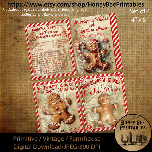 Digital Download, Digital Art, Printable, Decoupage, Primitive, Craft Supplies, Set / 4, 4x5,  Gingerbread Cookies Recipe, Gingerbread Man