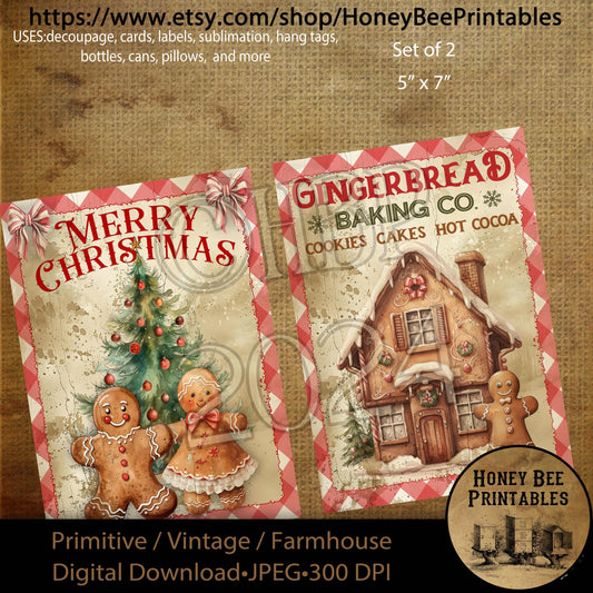 Digital Download, Digital Art, Printable, Decoupage, Primitive, Craft Supplies, 5x7, Christmas,  Merry Christmas, Gingerbread Baking, Cookie