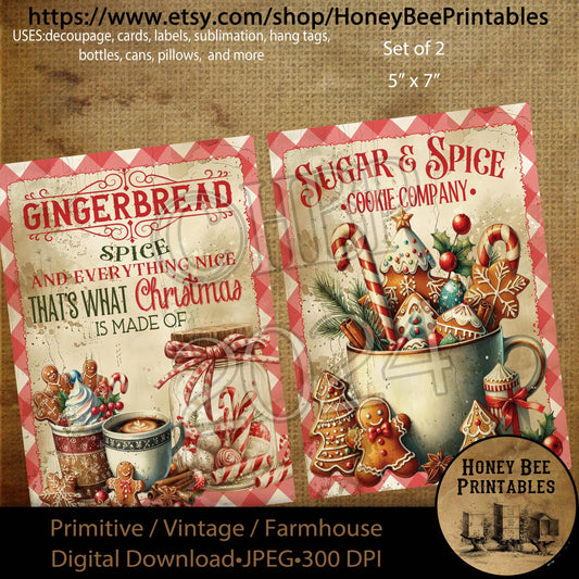 Digital Download, Digital Art, Printable, Decoupage, Primitive, Craft Supplies, 5x7, Christmas, Sugar & Spice, Everything Nice, Gingerbread
