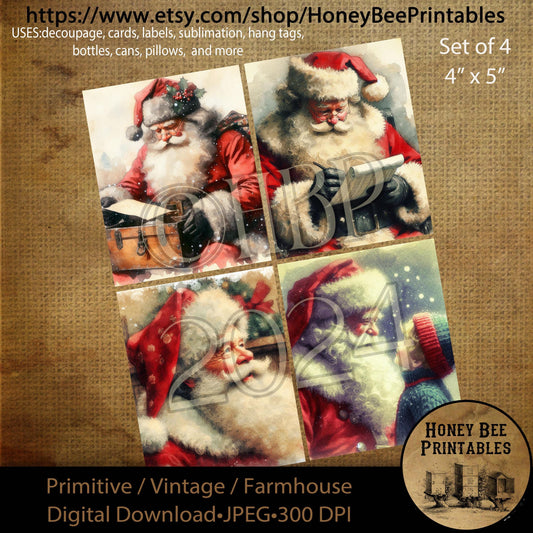 Digital Download, Digital Art, Printable, Decoupage, Primitive, Farmhouse, Craft Supplies, Set / 4, 4x5, Santa Claus, Santa, Christmas