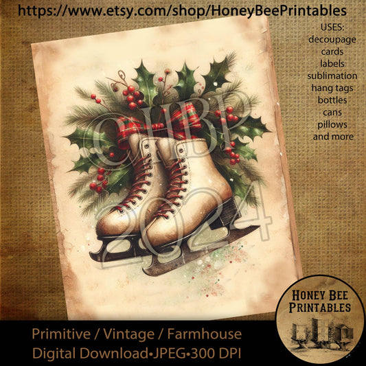 Digital Download, Printable, Decoupage, Primitive, Farmhouse, Craft Supplies, Vintage Christmas, Ice Skates, Ice Skating, Winter, Rink