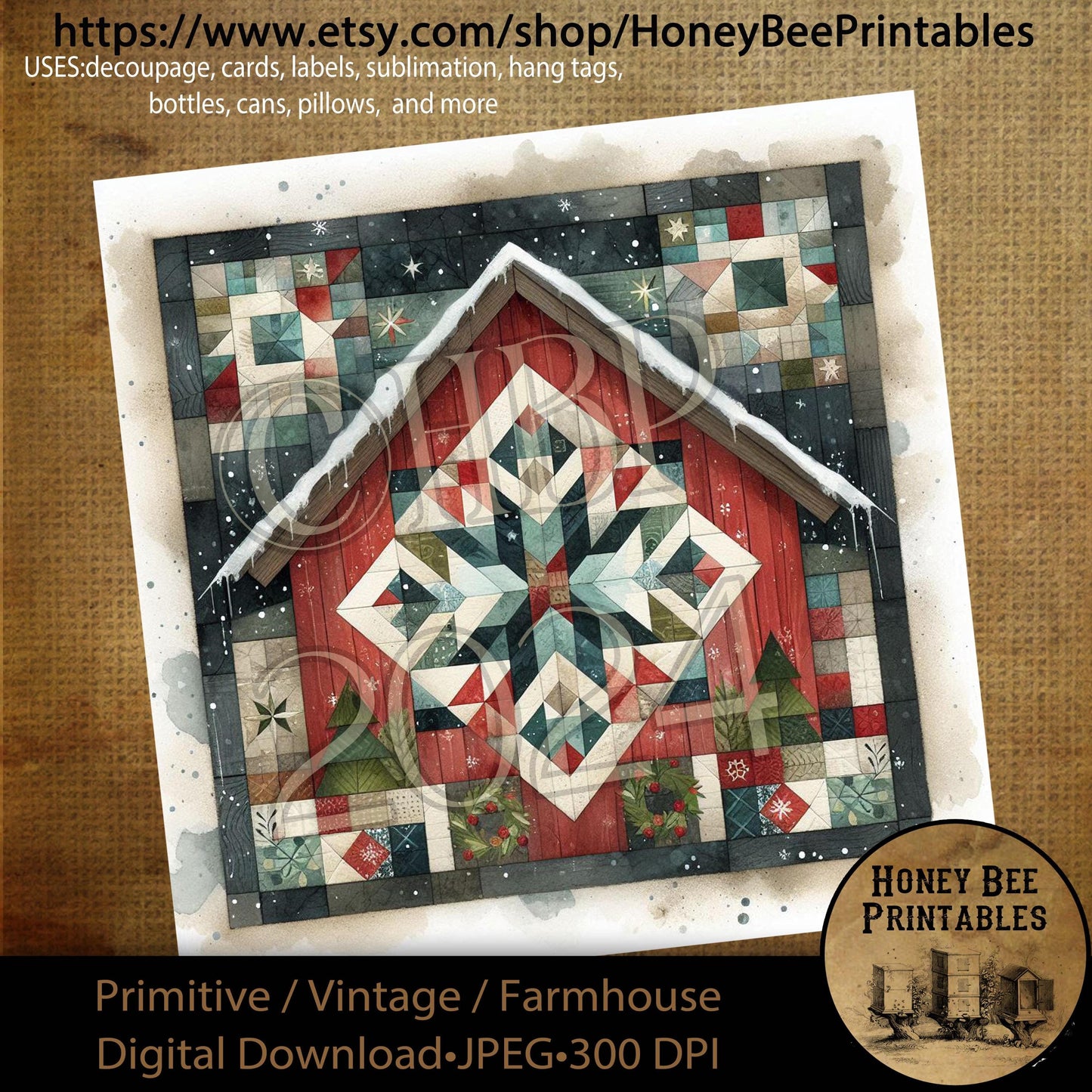 Digital Download, Printable, Decoupage, Primitive, Farmhouse, Vintage, Craft Supplies, Christmas Quilt, Barn Quilt, Quilt, Sewing, 8x8, #1