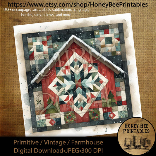 Digital Download, Printable, Decoupage, Primitive, Farmhouse, Vintage, Craft Supplies, Christmas Quilt, Barn Quilt, Quilt, Sewing, 8x8, #1