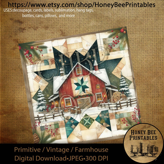 Digital Download, Printable, Decoupage, Primitive, Farmhouse, Vintage, Craft Supplies, Christmas Quilt, Barn Quilt, Quilt, Sewing, 8x8, #3