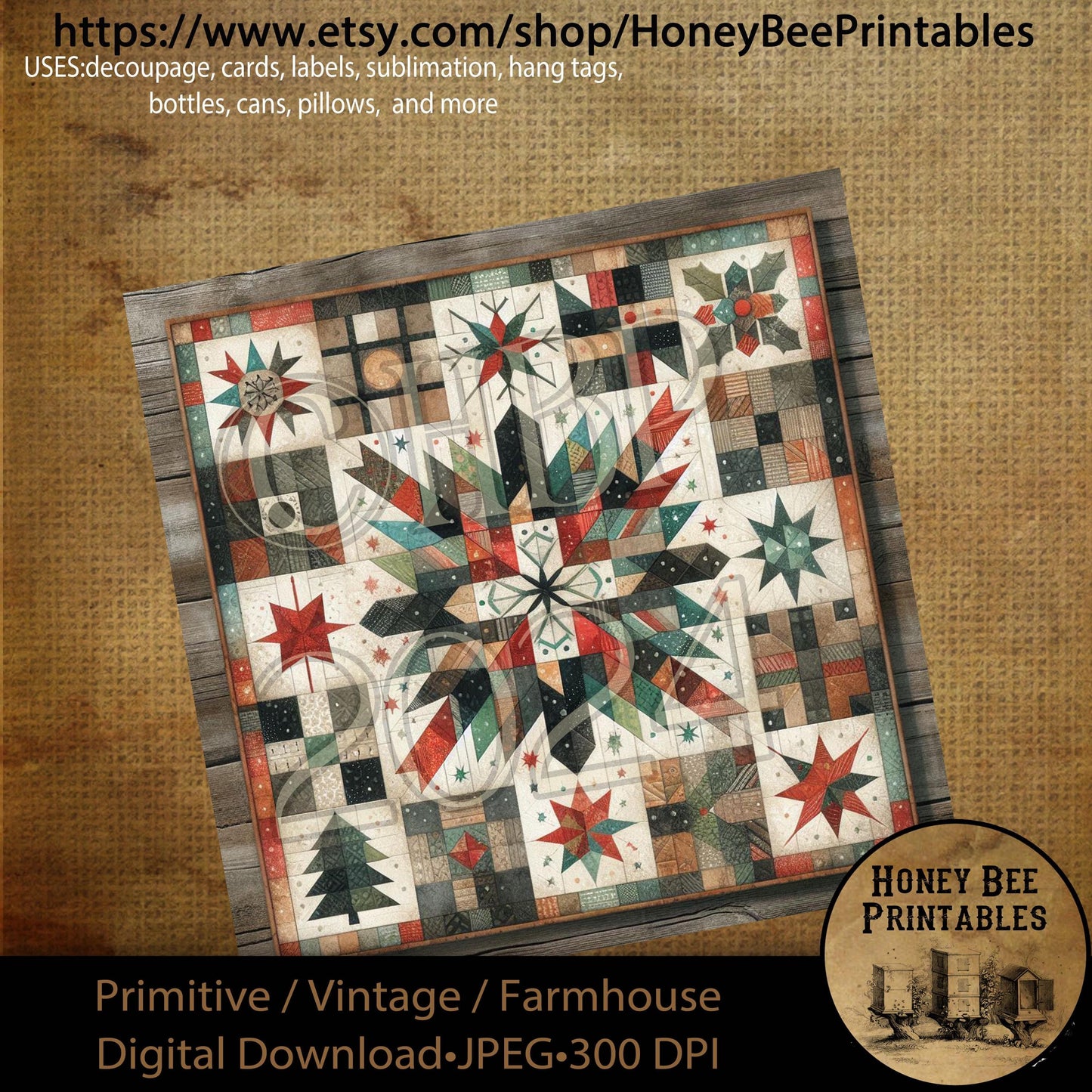 Digital Download, Printable, Decoupage, Primitive, Farmhouse, Vintage, Craft Supplies, Christmas Quilt, Barn Quilt, Quilt, Sewing, 8x8, #4