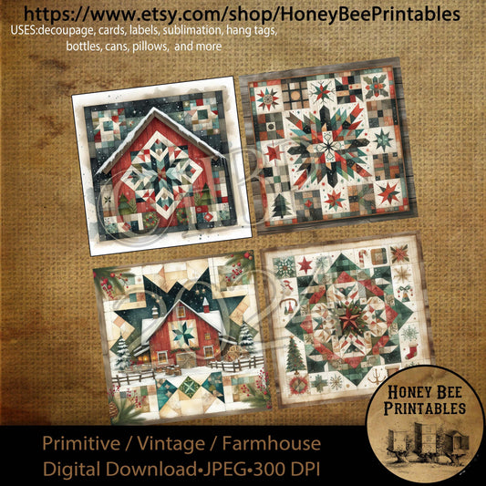 Digital Download, Printable, Decoupage, Primitive, Farmhouse, Vintage, Craft Supplies, Christmas Quilt, Barn Quilt, Quilt, Sewing, 4x4 Set/4