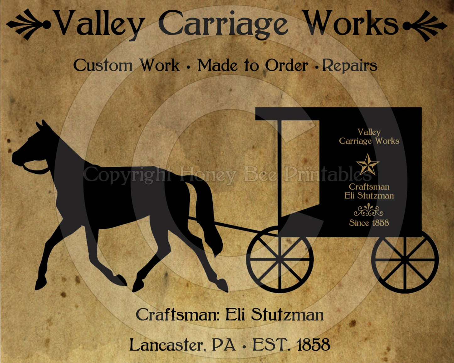 Primitive Grungy Amish Buggy Carriage Works Feedsack Feed Sack Logo Printable Digital JPEG Instant Download Pantry Label Crocks Box Print