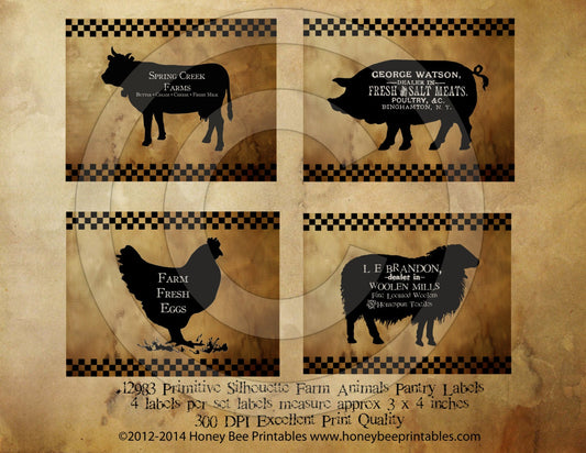 Prim Farm Animals Cow Pig Sheep Chicken Pantry Farmhouse Labels Logo - Printable Digital JPEG - Instant Download -For Crocks Jars Canisters