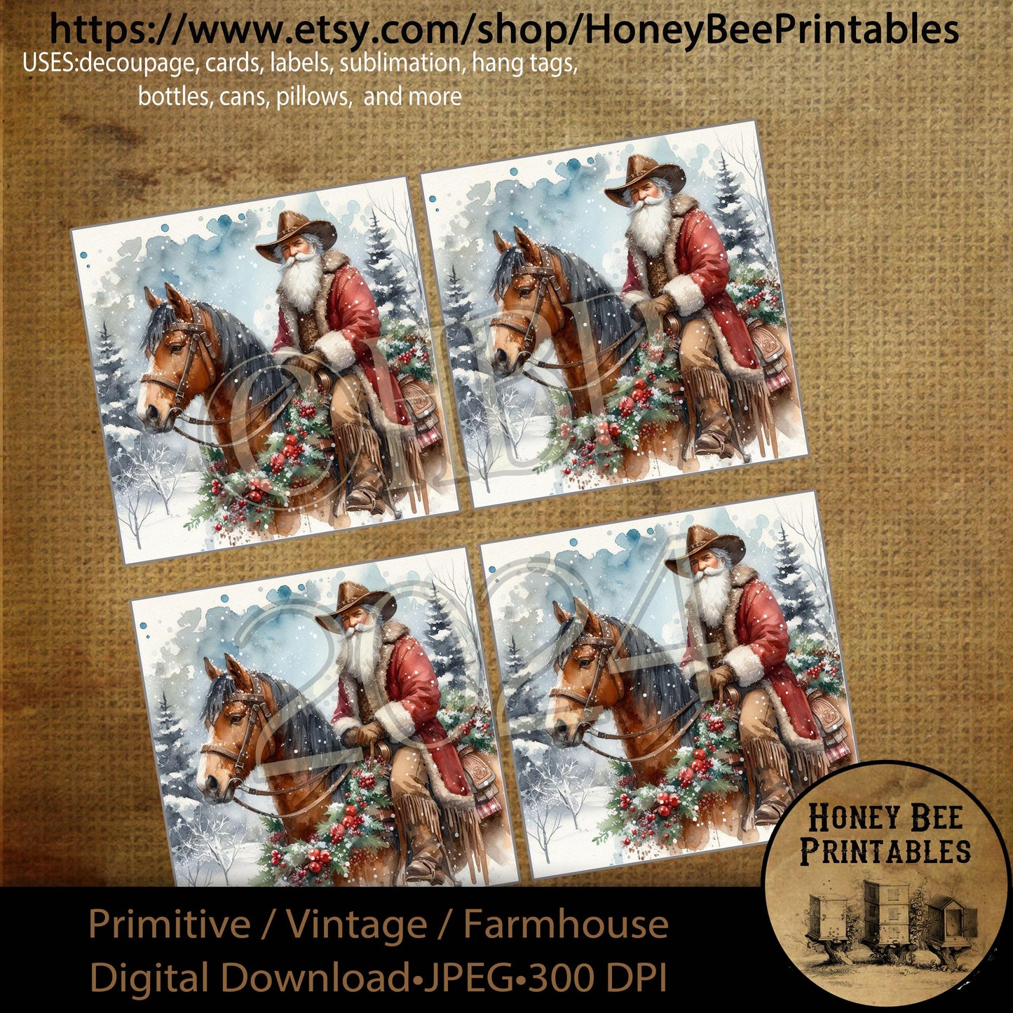 Digital Download, Printable, Decoupage, Primitive, Farmhouse, Vintage, Craft Supplies, Cowboy Santa, Western Santa, Horse, Christmas, 4x4