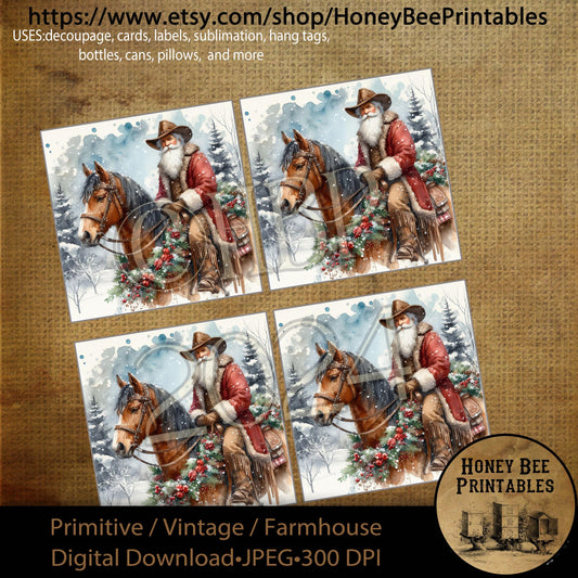 Digital Download, Printable, Decoupage, Primitive, Farmhouse, Vintage, Craft Supplies, Cowboy Santa, Western Santa, Horse, Christmas, 4x4