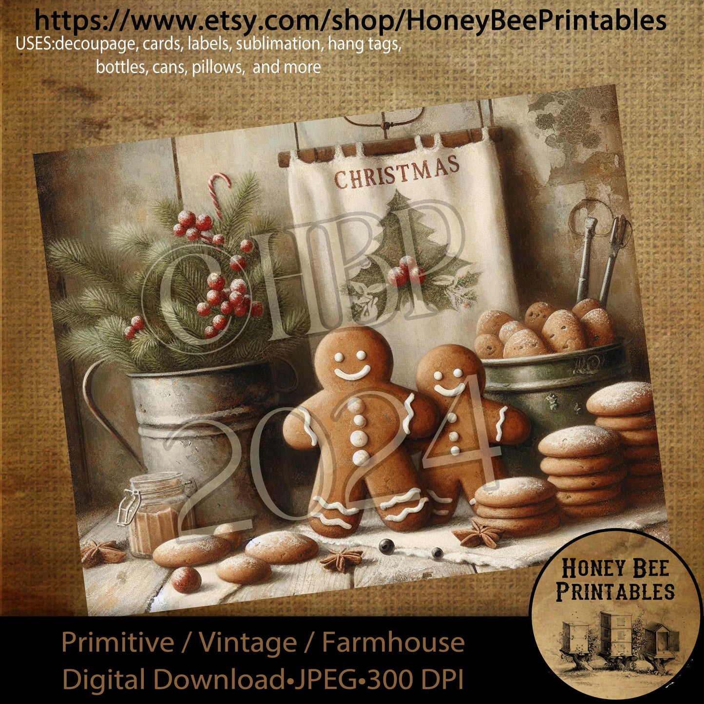Digital Download, Printable, Decoupage, Primitive, Farmhouse, Craft Supplies, Gingerbread Cookies, Gingerbread Man, Christmas, Berries